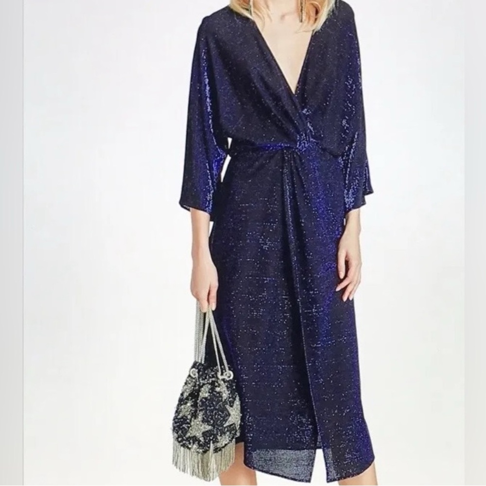 Zara Midnight Blue Shimmer Sparkle V-Neck Crossover Dress Size Medium